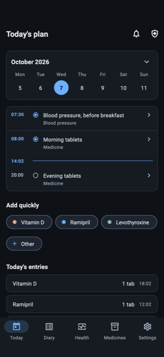 The Today screen: a week calendar, a timeline of what is due, quick buttons for the medicines recorded most often, and the entries already made today.