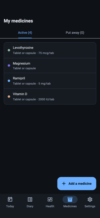 The My medicines list, with four active entries, each with its own colour, form and strength per tablet.