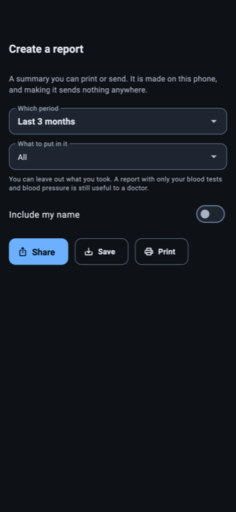 The Create a report screen: a period, a choice of what to include, an optional name, and buttons to share, save or print.
